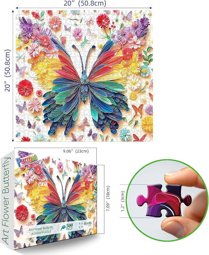 500 Piece Puzzle for Adult, Colorful Butterfly Paper Art Flower Butterfly Jigsaw Puzzles Challenging for Family Fun Party Game Gifts Decoration (20 x 20 Inch)