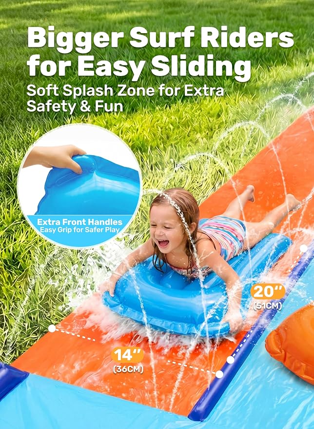 Sloosh 32.5FT Double Water Slides, Heavy Duty Lawn Slide with Sprinkler and 2 Inflatable Boards Backyard Yard Lawn Summer Outdoor Water Toy for Kids Adults