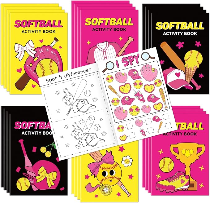 Softball Activity Books for Kids - 24Pcs Softball Mini Games Coloring Book Set Bulk Mazes Word Search Word Scramble Games DIY Booklet for Birthday Sports Theme Party Goodie Bags Stuffers Supplies
