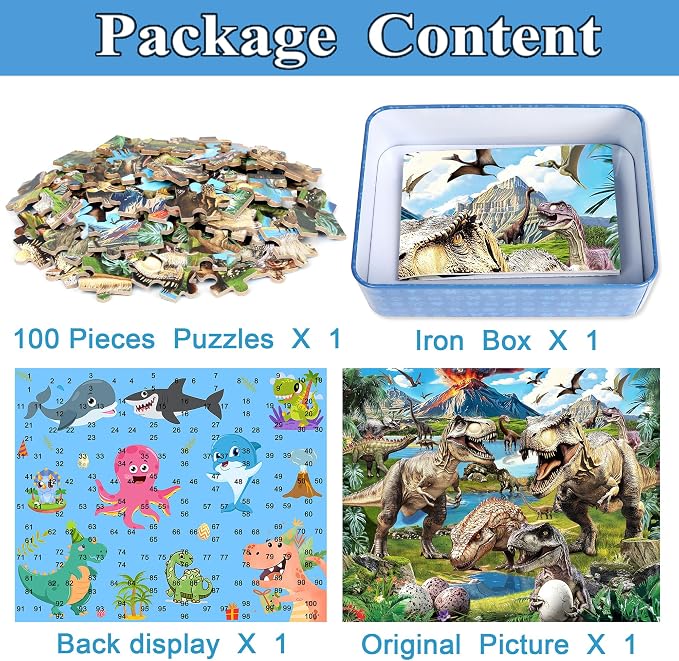 MZZOTOY Dinosaur World Puzzles for Kids Ages 4-8, 100 Pieces Jigsaw Puzzles for Kids Ages 3-5 Puzzle for Girls and Boys Learning Educational Puzzles Toys in a Metal Box