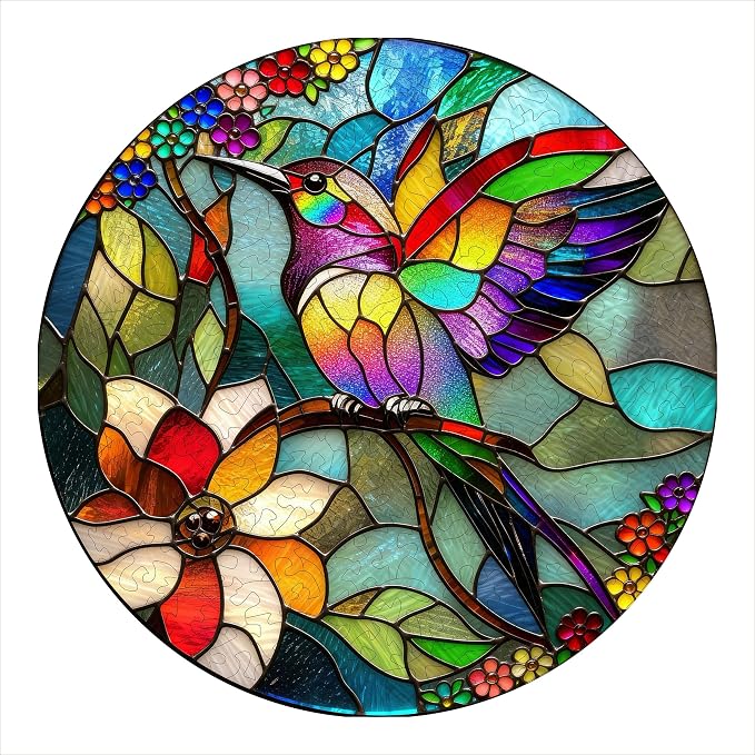 Hartmaze Stained Glass Hummingbird Wooden Puzzle, 178 Intricate Irregular Pieces, 11.2x11.2 Inch, Exquisite Wooden Gift Box – Vibrant Mosaic Art Jigsaw for Adults & Kids 8+