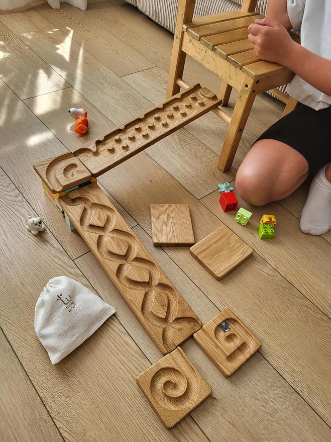 Wooden Marble Run Track Set of 2 – Montessori STEM Toy for Kids –Race Machine & Maze Board – Educational Wooden Roller Track Game – Rocks & Whirlpool Run Gift for Children