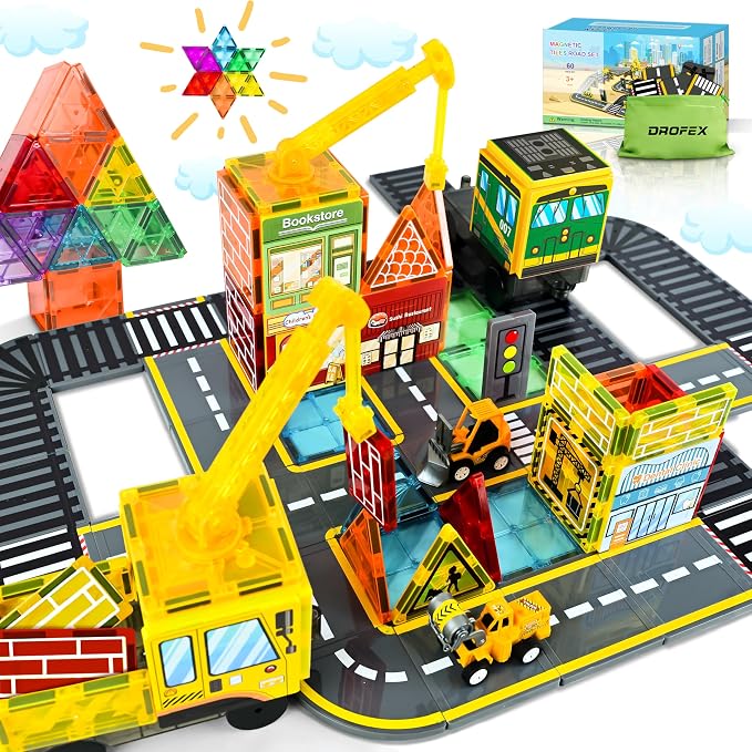Drofex Magnetic Tiles Road Set with 2pcs Magnetic Crane, Creative Construction Toys for Kids Ages 3-12, Boys & Girls, Engineering Themed Magnetic Building Blocks
