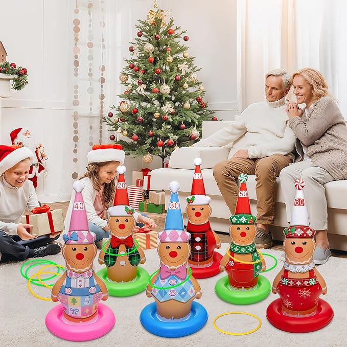 6 Pack Christmas Ring Toss Games, Gingerbread Man Inflatable Ring Toss Game,Christmas Party Games for Kids,Adults,Family,Indoor Outdoor Game Garden Toys Gifts