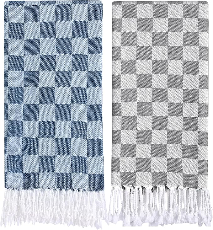 2 Packs Checkered Plaid Yoga Blanket Turkish Towel Extra Large Meditation Supplies Mat Cover Beach Blanket Women Birthday Gift for Mom Wife Sister Girlfriend Mother Adult Friend Husband Son Daughter