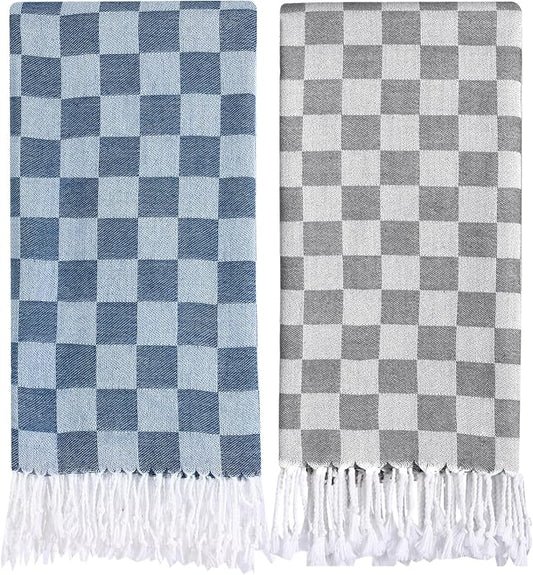 2 Packs Checkered Plaid Yoga Blanket Turkish Towel Extra Large Meditation Supplies Mat Cover Beach Blanket Women Birthday Gift for Mom Wife Sister Girlfriend Mother Adult Friend Husband Son Daughter