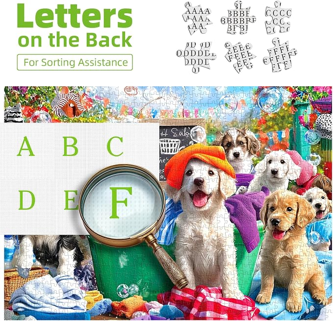 Puppy Party 1000 Piece Jigsaw Puzzle for Adults Dog Playful Scene Colorful Clothes Laundry Day Puzzles with Letters on Back Adult Games for Game Night Fun, 27x20 Inch