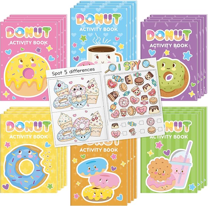 Donut Activity Books for Kids - 48Pcs Cute Doughnut Mini Game Coloring Booklet Bulk Maze Word Scramble Word Search Games for Birthday School DIY Activity Supplies Classroom Reward Goodies Bag Stuffer