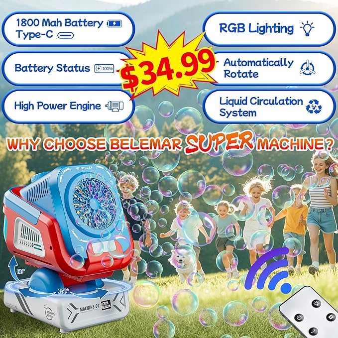 Belemar Upgraded Bubble Machine with Remote Control, Automatic Rotation & RGB Lights, 1800mAh Rechargeable Battery, Type-C Charge, Bubble Maker for Kids, Weddings, Birthday Parties, Outdoor Activities