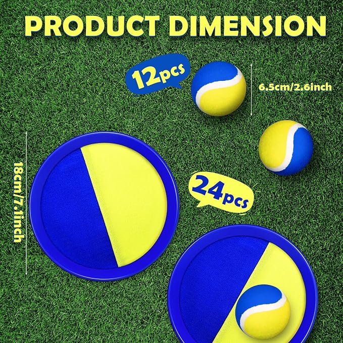 Charniol Kids Toys Toss and Catch Game Set Beach Outdoor Ball Sports Games Toss and Catch Ball Nylon Toys for Adults Kids(Yellow Blue,24 Paddles 12 Balls)