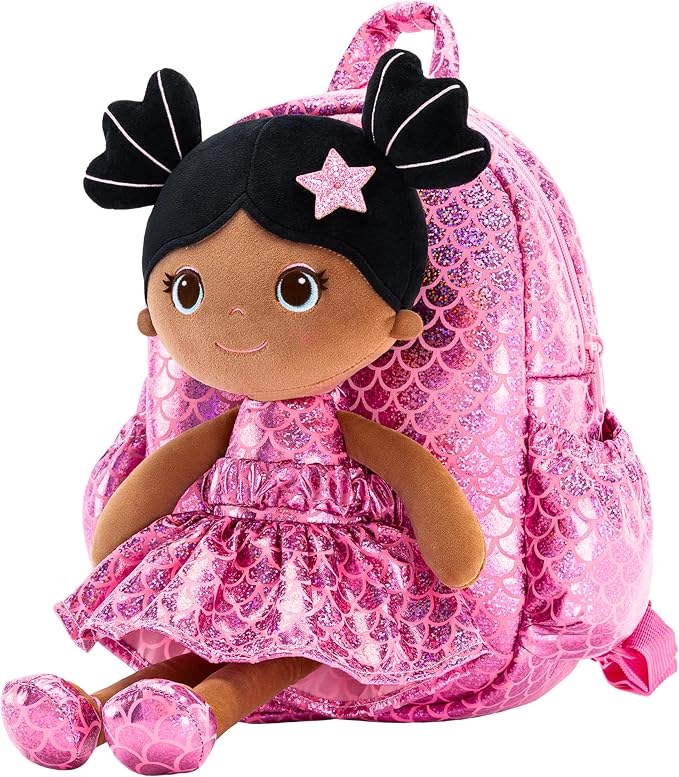 Lazada Toddler Backpack - Baby Girl Gifts Plush Doll Dress Backpack - Fashion Girls Tina Fish Scale Series - Rose Red11 Inches