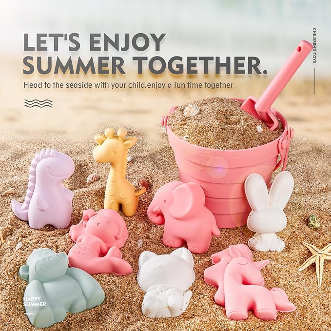 MarcZero 11Pcs Silicone Beach Toys,Collapsible Sand Bucket,Modern Baby Beach Toys,Travel Friendly Beach Set,Silicone Bucket,Shovel,Sand Molds,Beach Bag,Silicone Sand Toys for Toddlers,Kids(Peach Pink)