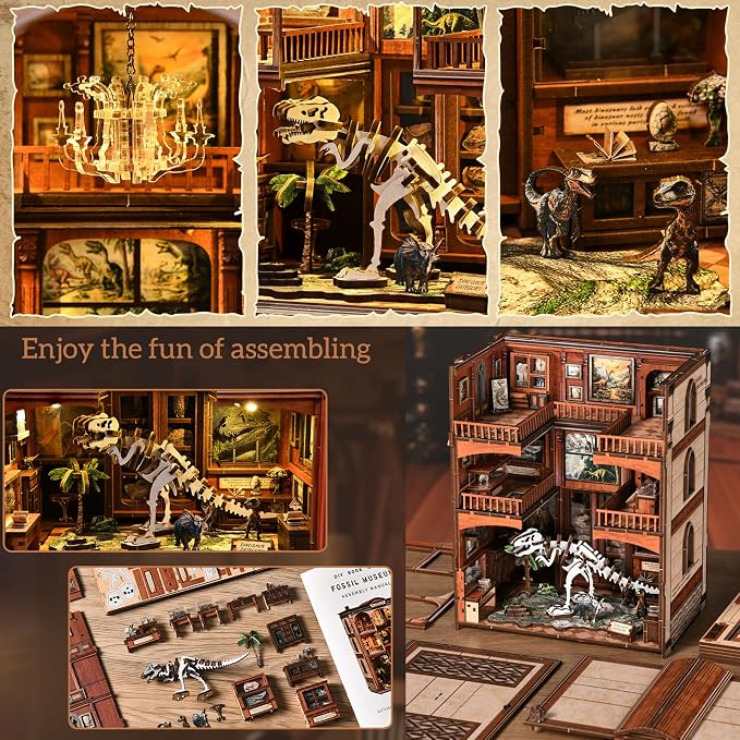 ISSEVE Book Nook Kits for Adults, DIY Booknook Kit Miniature Dollhouse Book Nooks, 3D Wooden Puzzle Model Building Creative Bookshelf Home Decoration Adult Crafts Kits Gift (Dinosaur Fossil Museum)