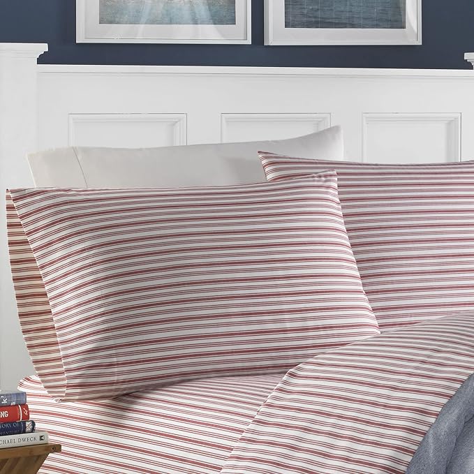 Nautica - Twin XL Size Sheet Set, Crisp & Tailored Cooling Sheets with a Smooth Cotton Percale Lightweight Feel - Bed Sheets with Matching Pillowcase & Fitted Sheet (Coleridge Stripe Red)