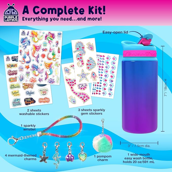 PURPLE LADYBUG Decorate Your Own Water Bottle for Girls - Mermaid Gifts for Girl Age 6-8, Gifts for Girls 5 6 7 8 9 10 Year Old Birthday, Summer Gift for Kids Crafts for Girl Ages 6-8