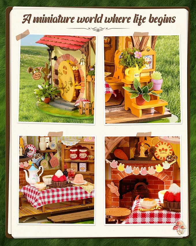 Rolife DIY Miniature Dollhouse Kit Fluffy Grove, Stress Relieving Fantasy Forest Mini House Building Kit with LED, Cozy Fairy Cottage Wooden Dollhouse Craft for Adults Teens, Bookshelf Home Decor Gift