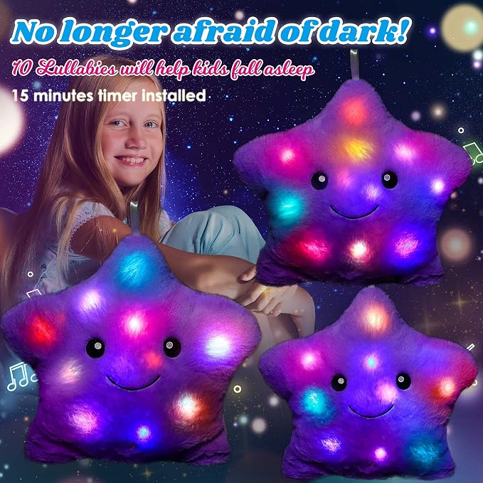 13" Musical Purple Star Plush Pillow Glowing Twinkle Night Light Stuffed Animal LED Toys Adjustable Volume Birthday for Girls Boys