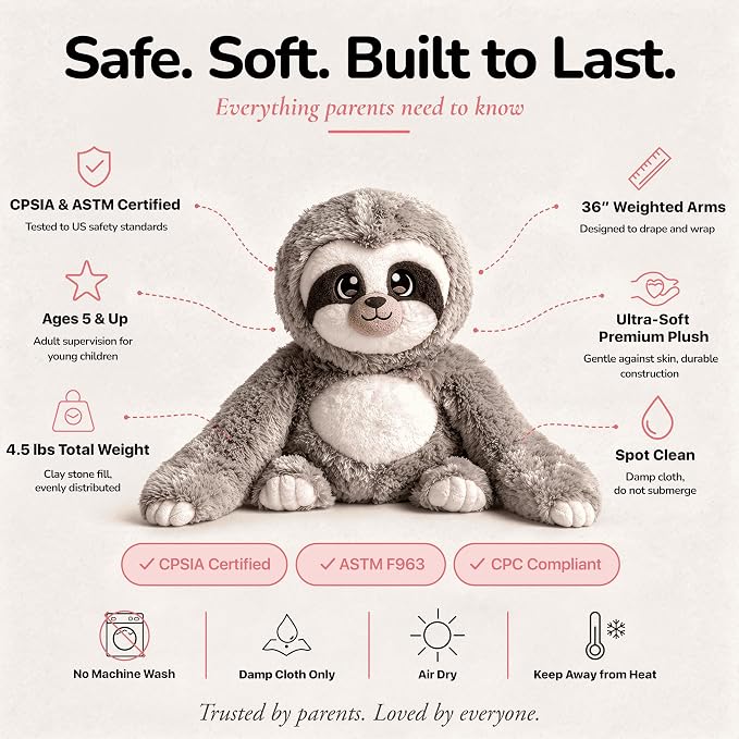 Huggle Healers Weighted Stuffed Animals for Adults, Teens and Kids - 36 Inch Long Plush Arms for Hugs - 4.5lb Sloth Stuffed Animal Plushies - Marshmallow Sloth