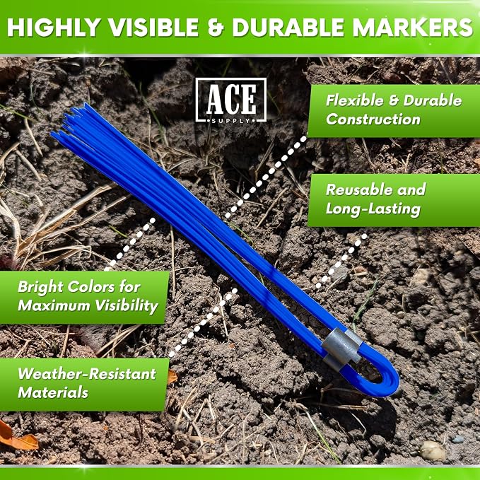 Blue Marking Whiskers With Stakes - 25 Pack - Durable Marking Whisker Set - Use Survey Whiskers As Ground Markers, Construction Markers, Or Trail Markers