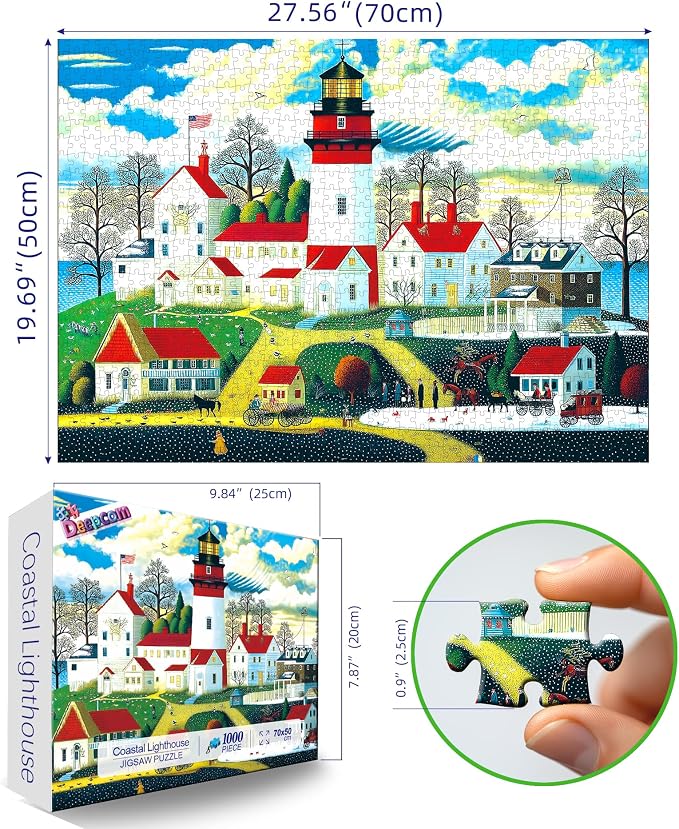 New England Coastal Village Lighthouse Jigsaw Puzzle, 1000 Pieces, Scenic Seaside Art with Horse Carriages, Traditional Folk Art Style