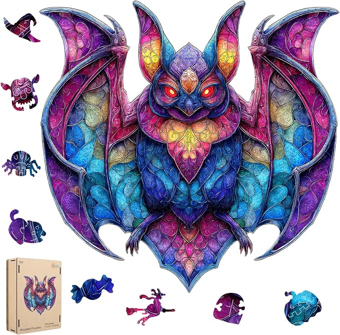 MEATRN Wooden Puzzles for Adults - Stained Glass Bat Wood Puzzles Adult, Unique Irregular Shape Animal Puzzle, Relaxing Family Game, Festival Decorative Gift for Kids, 198 Pcs, 11.4x11.1 in