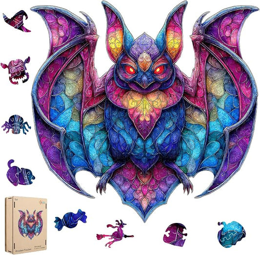 MEATRN Wooden Puzzles for Adults - Stained Glass Bat Wood Puzzles Adult, Unique Irregular Shape Animal Puzzle, Relaxing Family Game, Festival Decorative Gift for Kids, 198 Pcs, 11.4x11.1 in