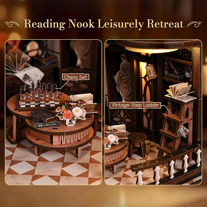 POP JOY DIY Book Nook Kit with Motion Sensor LED Light, Miniature Library Bookshelf Insert, 3D Wooden Puzzle Bookend Craft Kit Dollhouse for Adults Teens, Creative Gift for Book Lovers DIY Enthusiasts