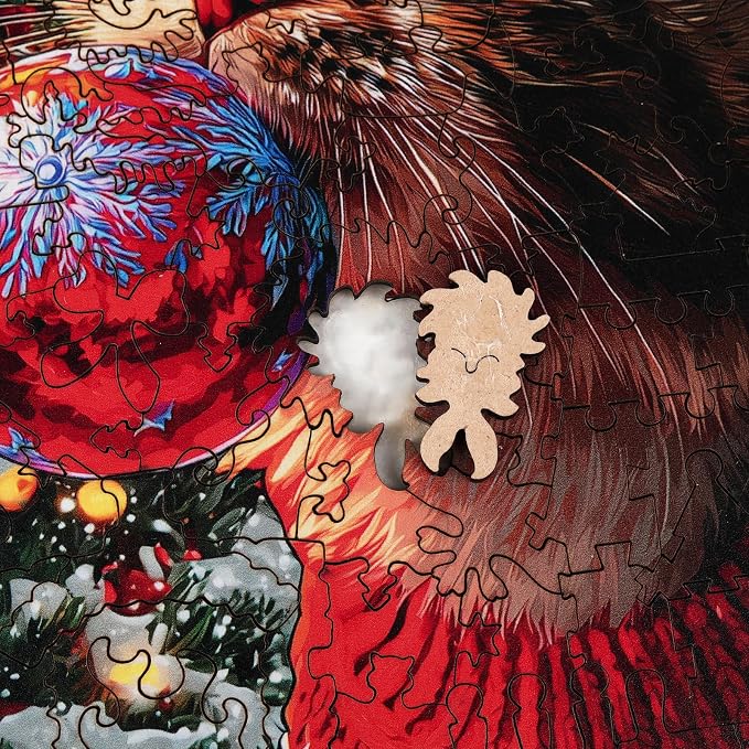 MEATRN Christmas Hat Cat Jigsaw Puzzles - 490 Pcs Handmade Wooden Puzzle with Unique Shapes, Stress Relief & Educational Fun, Family Game Night 13.4×18.3 Inch, Best Gift for Friends
