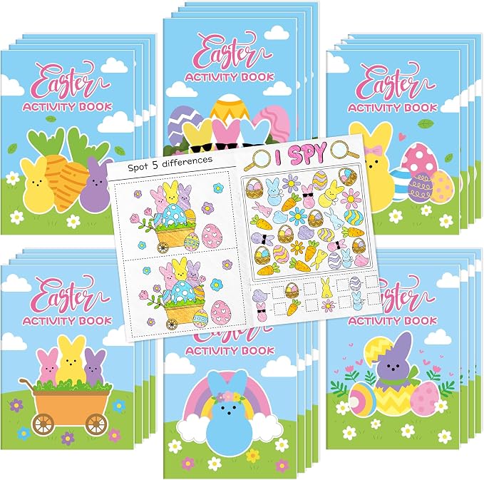 Easter Bunny Activity Books for Kids - 24Pcs Happy Easter Mini Games Coloring Book Set Rabbit Theme Bulk Mazes Word Search Word Scramble Games for School Classroom Spring Holiday Party DIY Favor