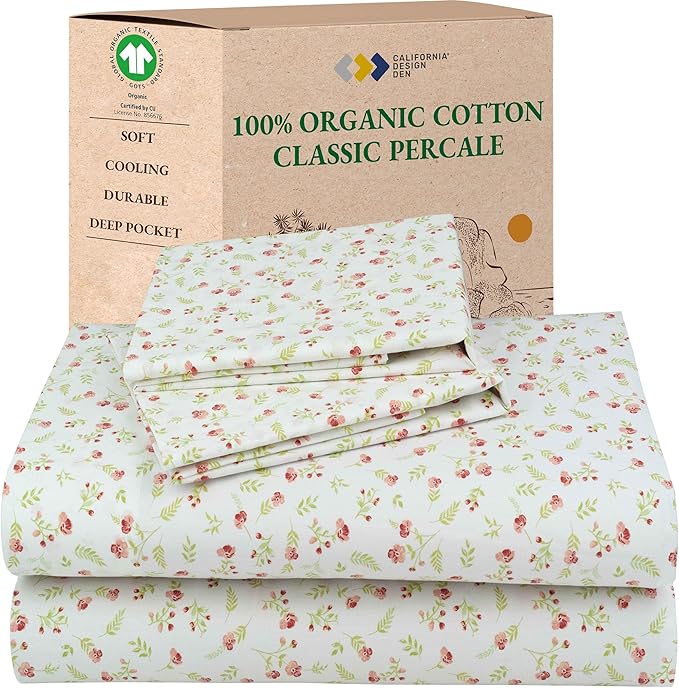 California Design Den Full Sheet Set Floral, 100% Organic Cotton Percale Sheets, Deep Pocket Full Sheets & Pillowcase Set - Floral