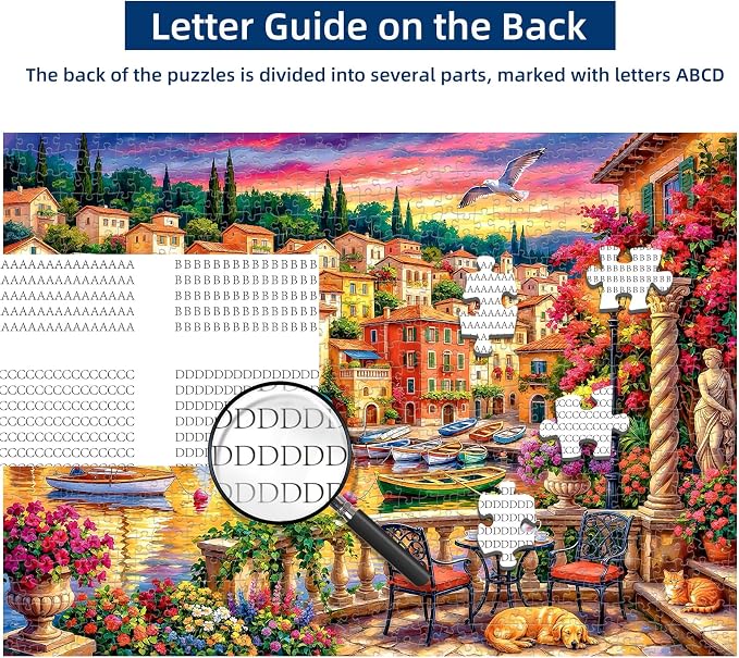 1000 Piece Puzzle for Adults, Seaside Harbor Sunset Jigsaw Puzzles for Adults 1000 Pieces, Fun Challenging Family Landscape Puzzle with Letters on Back, Colorful Harbor Houses Puzzles for Adults