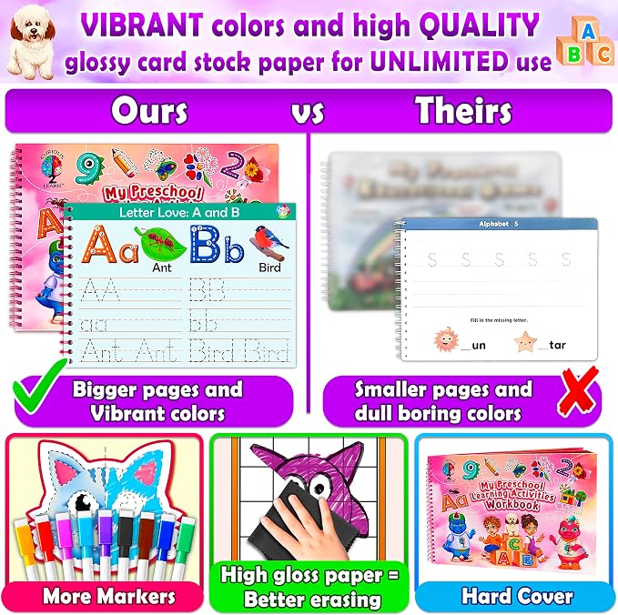 Curious 2 Learn Hardcover Preschool Activity Workbook for Kids Ages 3–5 – 32 Montessori Learning Activities with 9 Markers – ABC, Numbers, Colors & Shapes – Educational Gift for Boys & Girls