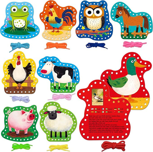 SpriteGru 9 PCS Kids Lacing Cards, 9 Double Sided Farm Animals Sewing Cards with 9 Colorful Laces, Educational & Learning Toys for Preschoolers, Kids Ages 3+
