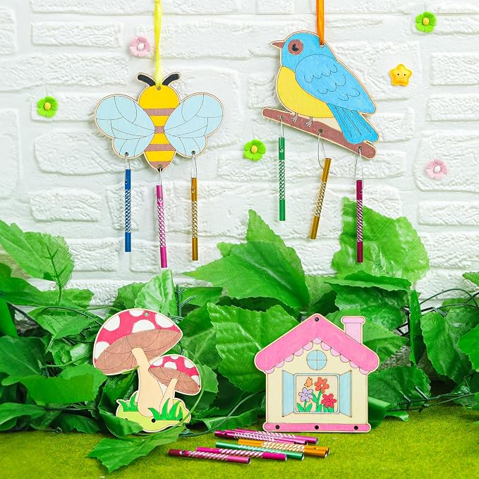 12 Pack Wind Chime Kit for Kids Make Your Own Wind Chime DIY Wood Arts and Crafts Decorative Coloring Wooden Hanging Ornaments for Girls Boys Home School Activity Party Supplies(Spring Flower Animal)