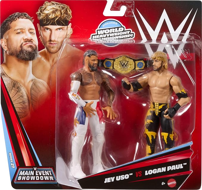 Mattel WWE Main Event Showdown Action Figures 2-Pack with Accessory, Series #27 Jey USO vs Logan Paul Collectible Set, 6-inch