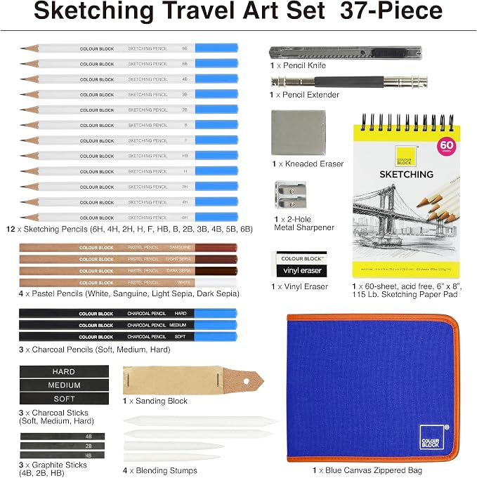 COLOUR BLOCK Drawing Travel Art Set 37 PCS, Pencils & Kits-Art Supplies for Kids, Teens, Adults-Colored Pencils, Charcoal, Pastels, Sketch Books for Artists, Anime Drawing, Architecture