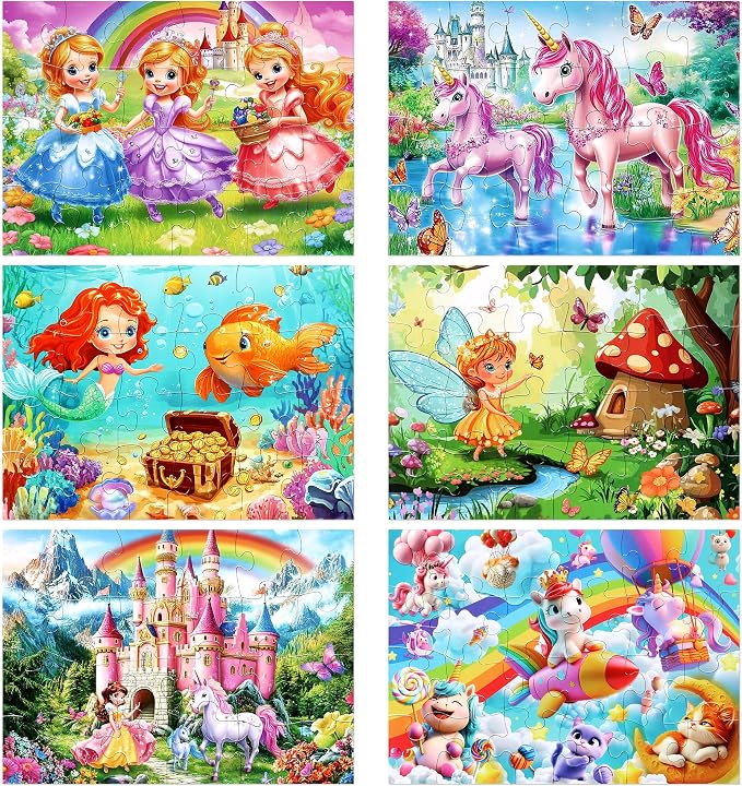 MZZOTOY 6 Packs Puzzles for Kids Ages 4-6, 24 PCS Princess Unicorn Jigsaw Puzzles for Kids Ages 3-5 | 4-8，Preschool Educational Puzzles Toys Gifts for 3 4 5 6 Boys Girls ﻿