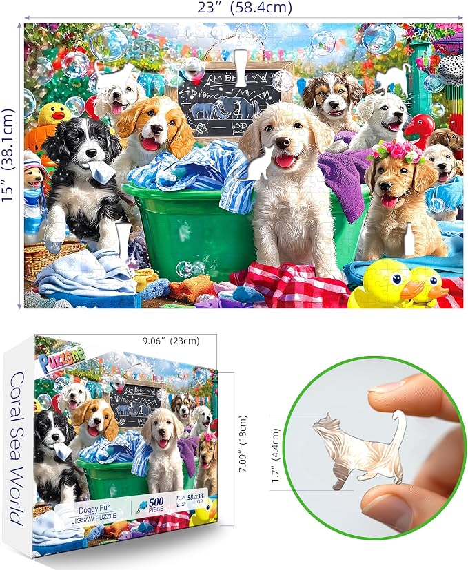 Puppy Laundry Day 500 Piece Jigsaw Puzzle for Adults Fun Colorful Cute Playful Dogs with Bubbles Bath Scene, Seniors & Families Relax Puzzles with Letters on Back, 23x15 Inch