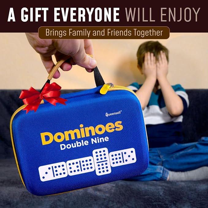 Queensell Double 9 Dominos Set for Adults and Kids with Colored Dots – Classic Dominoes Game Set with 55 Tiles, Wooden Hub, Trains and EVA Carrying Case