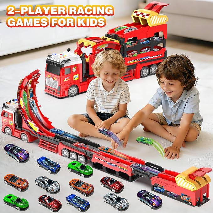 3in1 Carrier Truck with 45-Inch Foldable Race Track, Toy Trucks for Kids Ages 4-8 w/12 Metal Diecast Cars Toys, Trucks for Toddlers 2-4 Years w/Light & Sound, Kids Toys Gift for Boys & Girls Age 3+