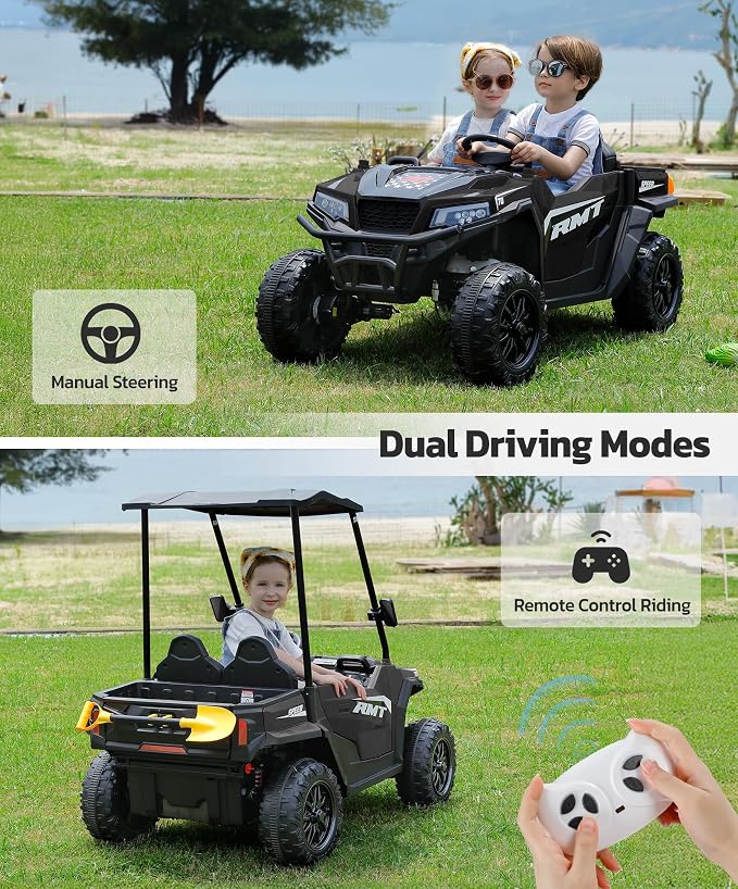 ELEMARA 24V Ride on Toy for Big Kid,Ride on Car 2 Seater w/Sun Shade,Dump Bed & Shovel,4.5MPH,4WD Electric Car for Kids,Battery Car w/Remote,Kids Ride on Truck,3 Speed,LED Lights,Bluetooth, Dark Black
