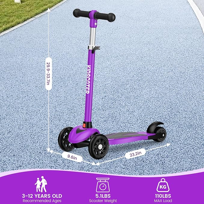 Multicolor Kids Scooter for Ages 3-12, 3 Wheel Lean to Steer Scooter with LED Light-Up Wheels, Adjustable Handlebar, Detachable Easy Storage for Boys & Girls