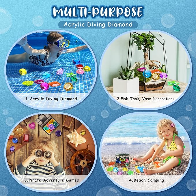 DISHIO Diving Gem Pool Toys 16PCS Large Swimming Pool Toy Set with Pirate Treasure Box Chest for Kids Toddlers Underwater Sinking Dive Gems Colorful Diamond Diving Toys for Swimming Training