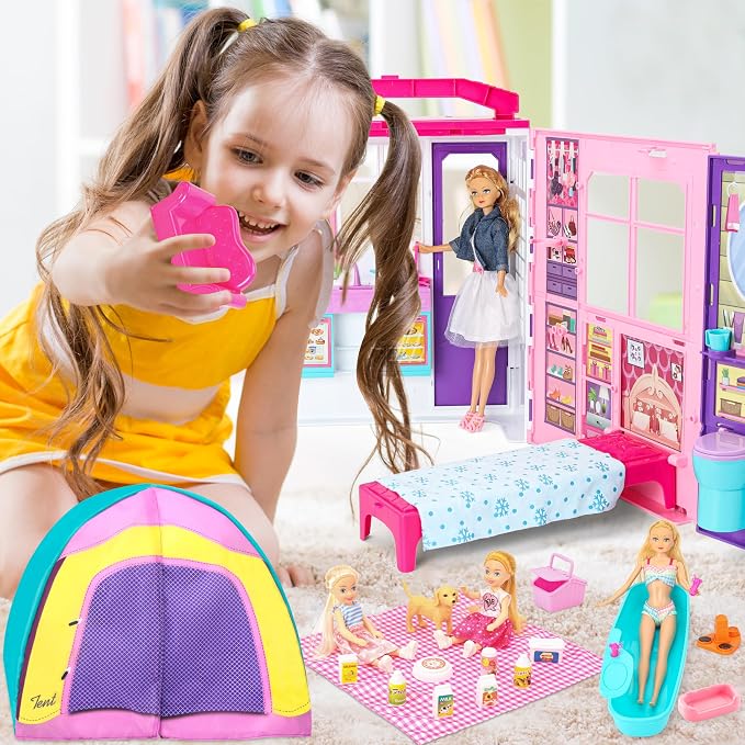 Style Shine Doll House Portable & Foldable Dollhouse w/ 60+ Pcs & 2 Dolls, Play House Toy with Bedroom Kitchen Pet House Camping Playset, Playhouse Gift for Girl Kid Toddler