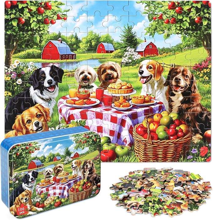 MZZOTOY Puppy Dogs Animal Picnic Puzzles for Kids Ages 4-8, 100 Pieces Jigsaw Puzzles for Kids Ages 3-5 Puzzle for Girls and Boys Learning Educational Puzzles Toys in a Metal Box