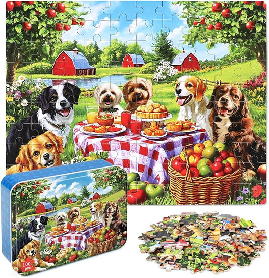 MZZOTOY Puppy Dogs Animal Picnic Puzzles for Kids Ages 4-8, 100 Pieces Jigsaw Puzzles for Kids Ages 3-5 Puzzle for Girls and Boys Learning Educational Puzzles Toys in a Metal Box