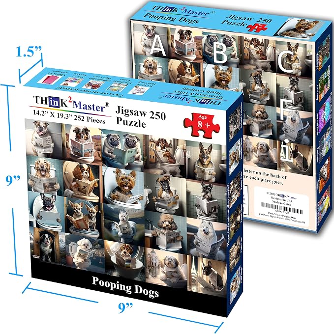 Think2Master Pooping Dogs 250 Pieces Jigsaw Puzzle Featuring heartwarming Puppies and Dogs. Perfect Bathroom Decoration, White Elephant Gag Gift. Fun Puzzle for Adults & Seniors Size: 14.2” X 19.3”