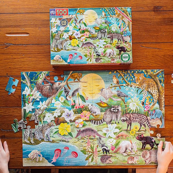 eeBoo 100 Piece Puzzle for Kids - Love of Nocturnal Life Children's Puzzle Glows in Dark, Large Pieces for Small Hands to Develop Motor Skills