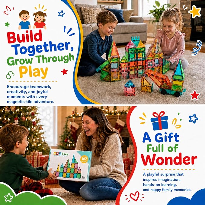 Magnetic Tiles 60-Piece Set for Kids, Magnetic Building Blocks STEM Toys for Age 3+ Boys and Girls, Educational Magnet Construction Tiles for Creativity & Learning