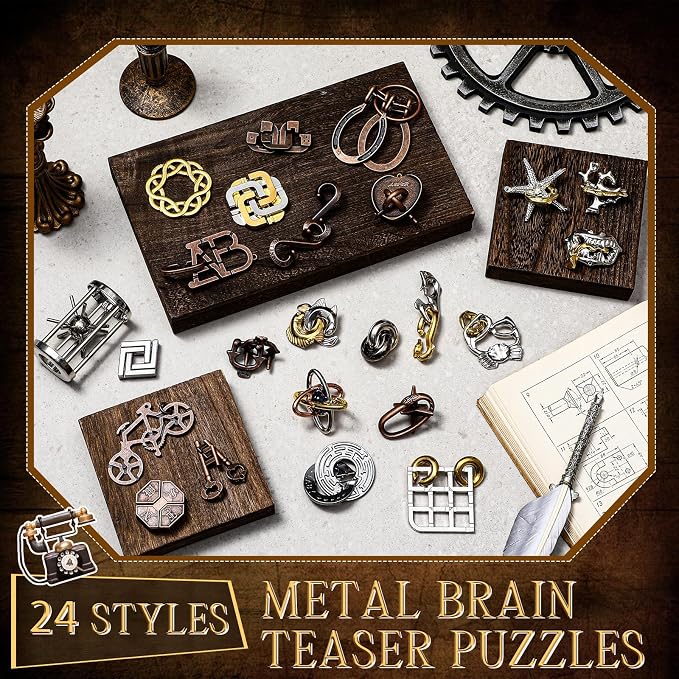 24 Pcs Metal Brain Teaser Puzzles Assortment for Adults Difficult Magic Puzzles Highly Hard Brain Games Iq Logic Test Disentanglement Game for Mind Challenge(Novelty)